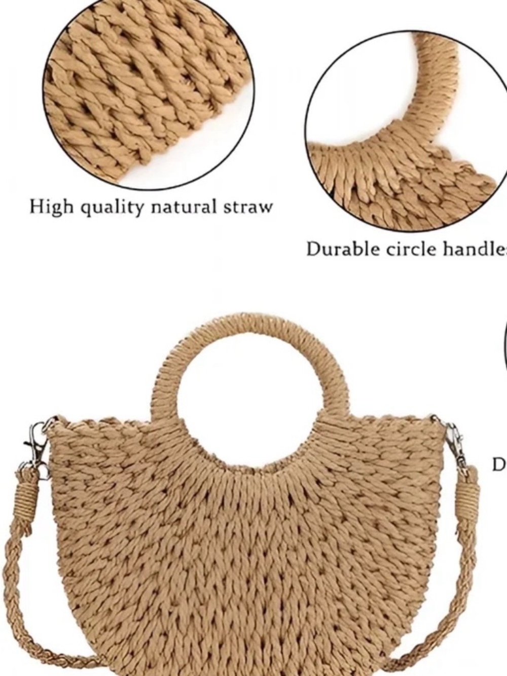 Round Natural Straw Crossbody Bag - Neutral Tan - Picture 2 of 5